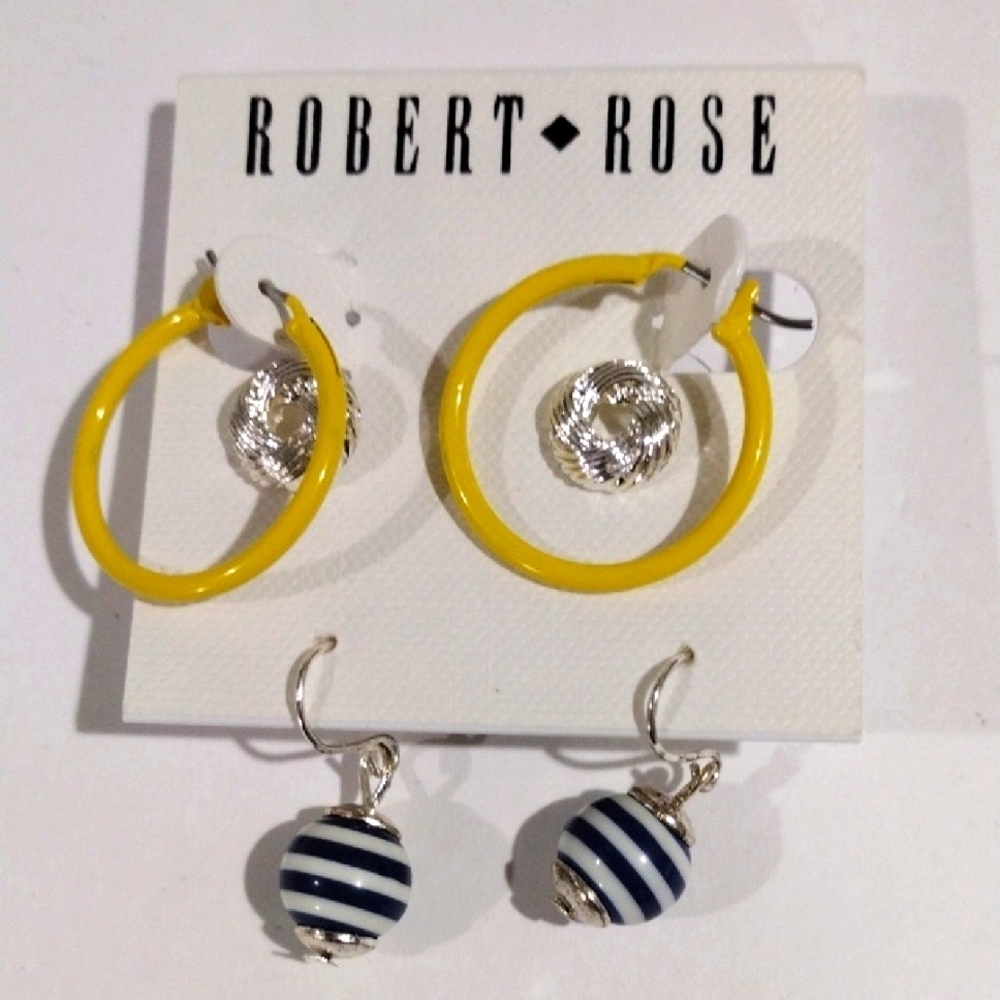 Robert Rose Set of 3 Silver tone Stud, Yellow Hoop, Drop Stripes - Women Jewelry